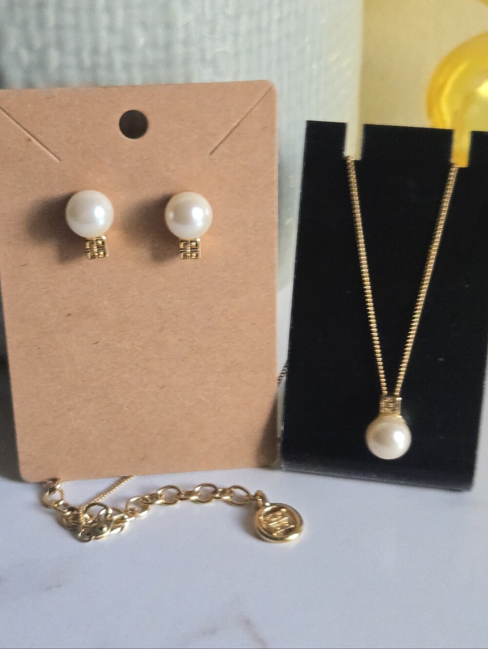 Vintage Mint Givenchy Set Pearl Drop Necklace And Pearl Stud Earrings With Logo